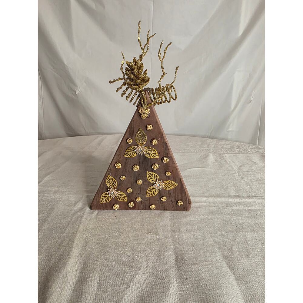 Handcrafted & Decorated Wooden Christmas Tree Shelf Sitter Brown & Gold 8"x5"